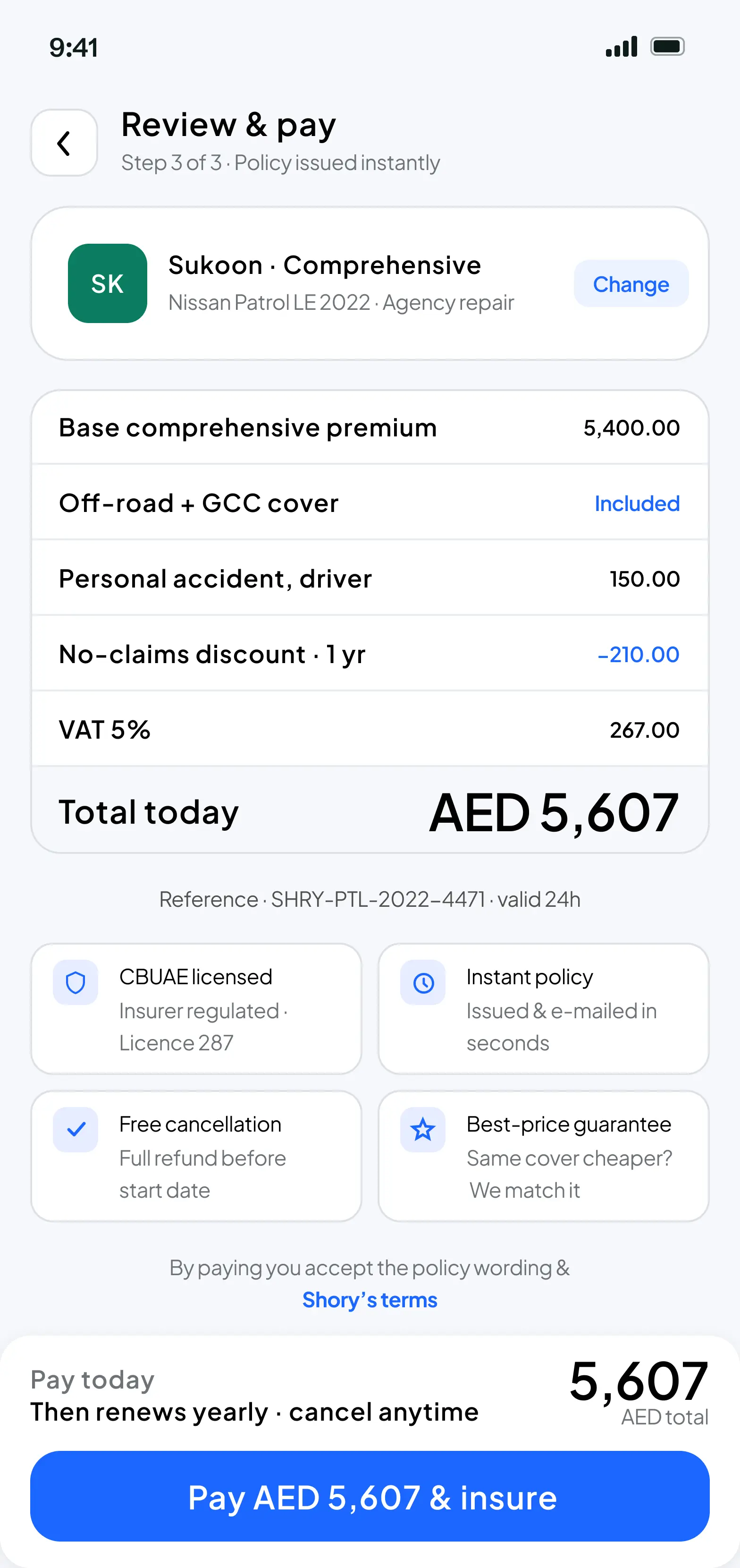 Review & pay with itemised receipt and trust chips